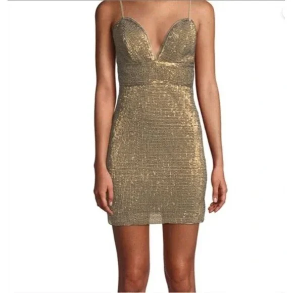 NEW FREE PEOPLE X SAYLOR Sz X-Small FRANKIE SEQUIN MESH MINI SLIP DRESS Gold - Picture 11 of 13